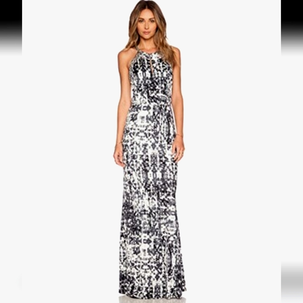 Parker Gray & White Geometric Jersey Knit Nwot Maxidress w/ Beads & Seq…